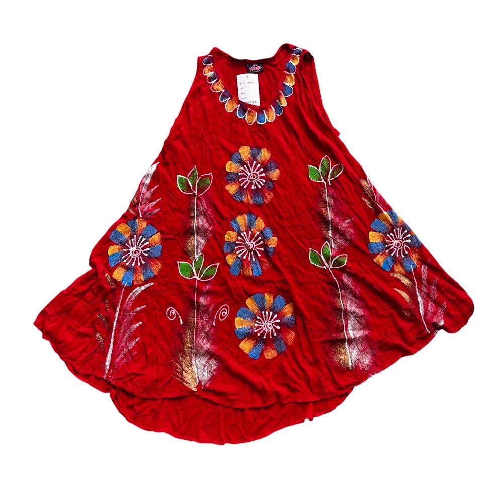 Pineapple Red Hand Painted Floral Rayon High Low Sleeveless Dress One Size‎ NWT